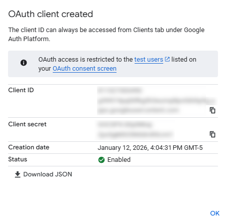 OAuth client created screen displaying Client ID and Client Secret.